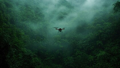 Drone flying over misty rainforest valley