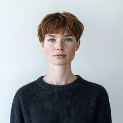 Person with pale rose skin, short espresso brown hair in a thick midnight blue sweater, casual stance, gentle flush, full view, isolated on white background - Generative AI