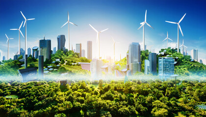 Sustainable Cityscape: An innovative depiction of an eco-friendly metropolis seamlessly merging nature and architecture, featuring wind turbines, lush green landscapes, and a bright sun.