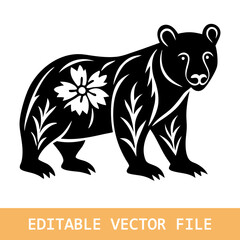 Polar bear in folk art black and white silhouette illustration