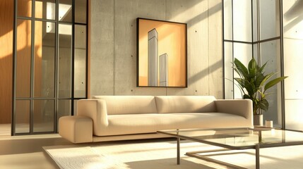 Modern Scandinavian brutalist living room, olive and sand tone walls, concrete panels, oversized linen sofa, glass coffee table, blurred skyscraper painting