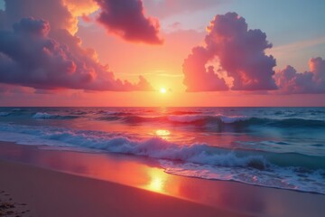Fototapeta premium Vibrant sunset over calm ocean waves, soft sand , ocean, sun rays