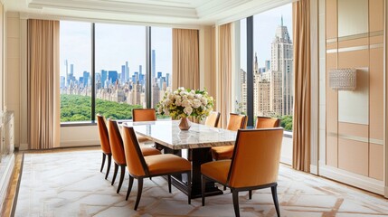 Neoclassical dining room, pearl walls with geometric accents, marble table, plush amber chairs, panoramic skyline view
