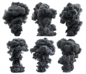Set of thick black smoke columns rising upward, isolated on transparent cutout background