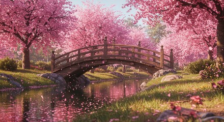 Wooden Bridge in Serene Japanese Garden with Pink Cherry Blossoms