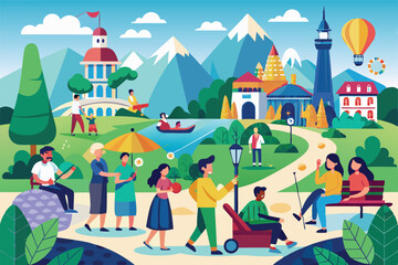 Visitors enjoy a vibrant outdoor park filled with activities and beautiful scenery under clear skies, People sightseeing outdoors Customizable Disproportionate Illustration