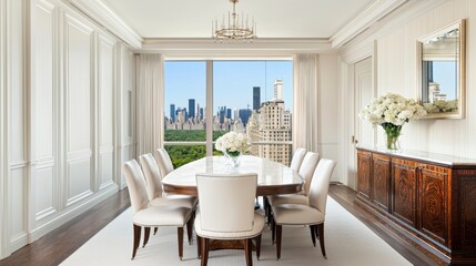 Fototapeta premium Neoclassical dining room, soft powder walls, marble table, plush pearl chairs, elegant wooden buffet, panoramic city skyline view