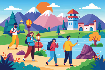 Fototapeta premium Tourists explore a picturesque outdoor area by a lake, surrounded by mountains and colorful nature, People sightseeing outdoors Customizable Flat Illustration