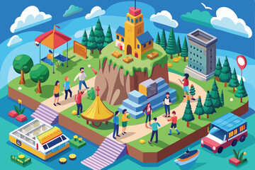 Visitors engage in various activities while appreciating the beautiful island scenery under clear skies, People sightseeing outdoors Customizable Isometric Illustration