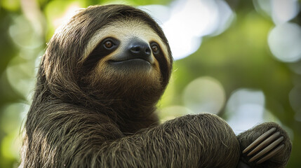 Fototapeta premium Sloth in sunlight with gentle expression in forest setting