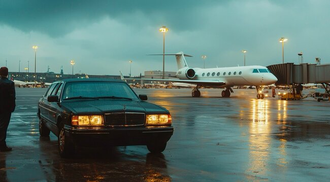 Limousine di lusso nera con i fari accesi sul piazzale dell'aeroporto. Sullo sfondo, un jet privato bianco. Contesto di lusso, viaggio o affari importanti