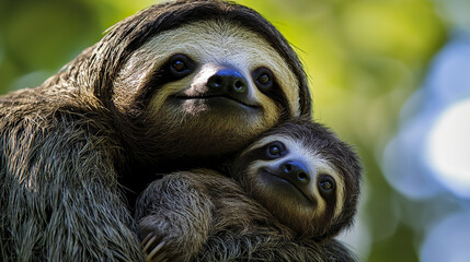 Fototapeta premium sloth and its baby embrace in sunlit forest setting