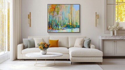 Quiet luxury living room, creamy walls, plush legless boucle sofa, marble coffee table, abstract forest painting, console, velvet drapes, night lighting