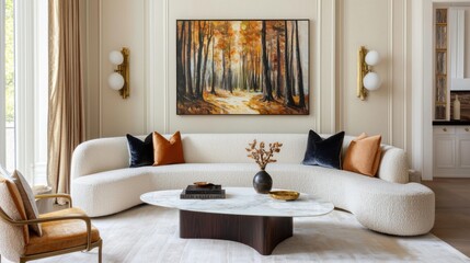 Quiet luxury living room, creamy walls, plush legless boucle sofa, marble coffee table, abstract forest painting, console, silk drapes, night lighting