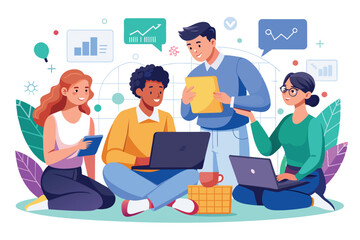 Four students engage in a productive discussion about math while using laptops and notes, people sitting with laptops discussing math lessons