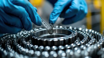 Factory workers inspecting gear assembly in a manufacturing facility