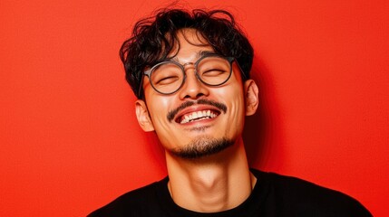 Obraz premium Man Smiling Against Red Background