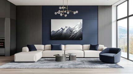 Scandinavian brutalist living room, graphite and sapphire walls, large modular sofa, futuristic armchair, glass chandelier, smoky rug, silver mountain