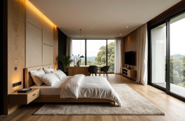 Modern bedroom with large windows and natural light in serene setting