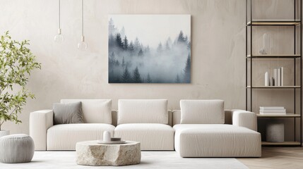 Scandinavian brutalist nature living room, graphite and beige walls, concrete panels, oversized linen sofa, stone coffee table, blurred foggy forest painting