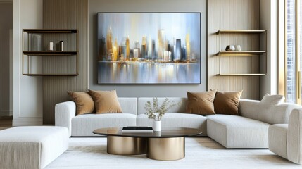 Scandinavian minimalist living room, olive and bronze walls, textured panels, oversized boucle sofa, glass coffee table, blurred futuristic city painting