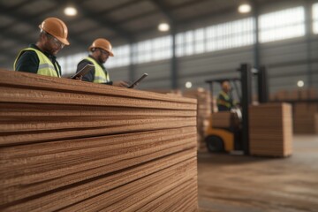 Workers in safety gear inspect wooden materials in warehouse set