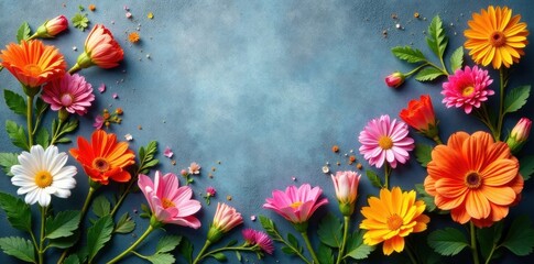 Varied blossoms & foliage against a textured gray surface , photography, elegant, textured