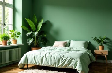 Cozy green bedroom with plants and a comfortable bed in a serene setting