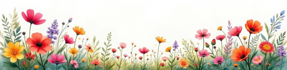 Fototapeta premium Vibrant wildflowers, loose watercolor wash, soft texture, stem, paint