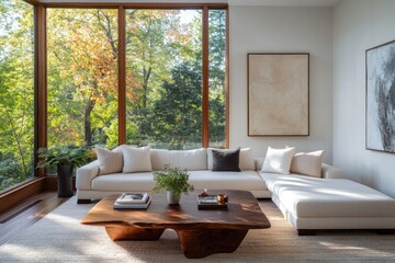 Fototapeta premium Bright, airy living space with large windows showcasing nature,