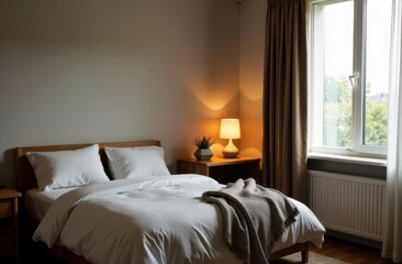 Cozy bedroom with warm lighting and a view of greenery outside