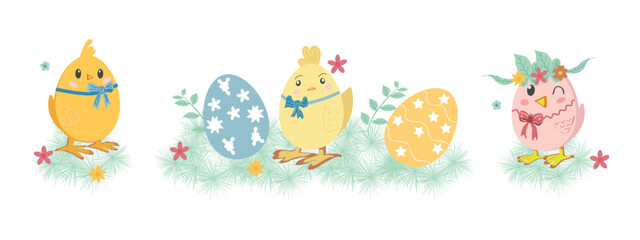 Fototapeta premium Easter set of chickens on a white background. Vector illustration
