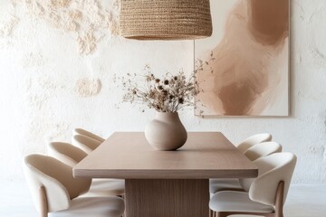 Minimalist dining space showcasing earthy tones, elegant furnitu