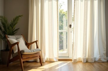 Fototapeta premium Cozy bedroom corner featuring natural light and a comfy chair