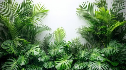 Naklejka premium Lush Tropical Greenery Wall with Monstera and Palm Leaves