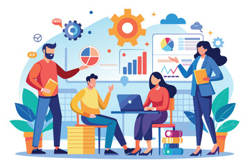 A team discusses their business project while analyzing data and brainstorming in a bright office, People starting a business project concept