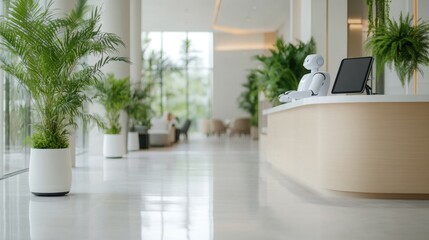 Modern reception area featuring sleek design, lush greenery, and