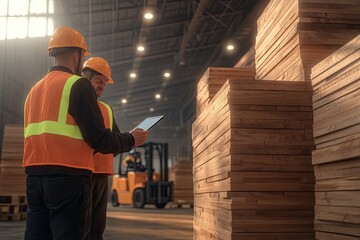 Workers inspect wooden planks in spacious warehouse, showcasing