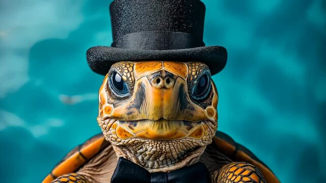 Turtle wearing a top hat and a bow tie. The turtle is looking at the camera with a serious expression