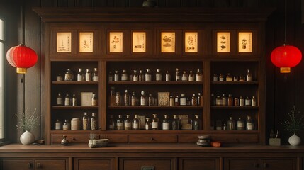 Antique apothecary shelves, herbal remedies, Asian room, lanterns