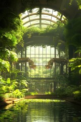 Sunlit Indoor Botanical Garden with Tranquil Pond