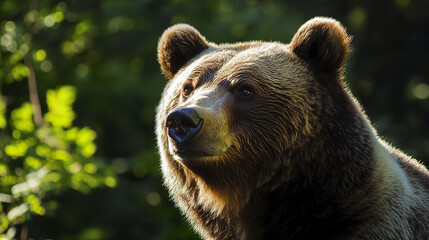 Fototapeta premium Majestic bear with thick fur illuminated by sunlight in forest setting