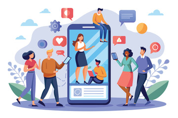 A group of individuals interacts with their smartphones, immersed in social media while surrounded by icons, People surfing on social media with smartphone