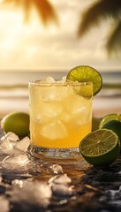Fototapeta premium lime margarita cocktail on the rocks in a glass on the beach