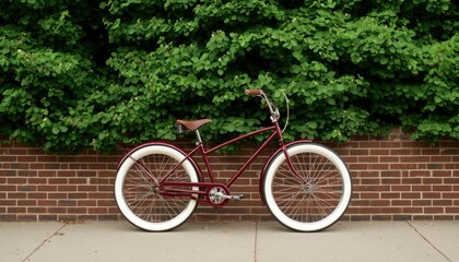 Fototapeta premium Red Cruiser Bicycle Parked by Green Bush and Brick Wall