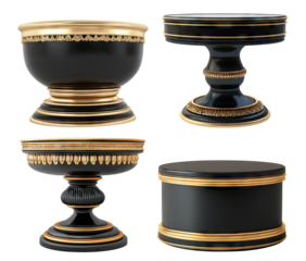 Set of elegant black and gold pedestal stands, isolated on transparent cutout background