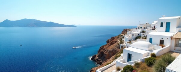Obraz premium Sun-drenched Mykonos town, whitewashed houses, Aegean Sea , sun, photography