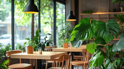 Fototapeta premium Cozy café interior brightened by natural light, adorned with lus