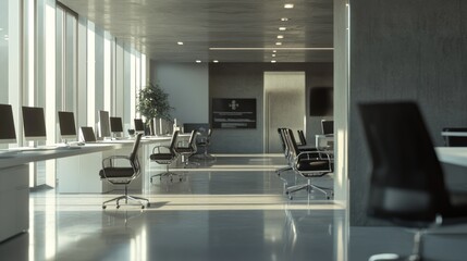 Modern office interior with natural light,  empty workstations. Possible use for corporate marketing materials