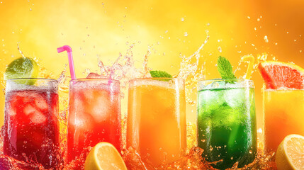 Fototapeta premium Vibrant refreshing summer drinks with citrus and mint splashing under bright sunlight